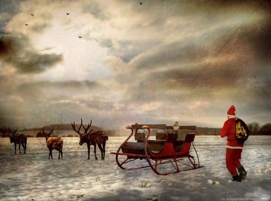 Pohľadnica -  Mikuláš Santa sneh Vianoce sane sánky 02 