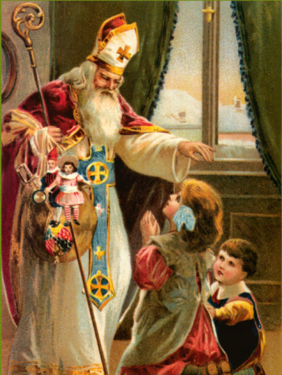 Postcard sv. Mikuláš s detmi  - 
